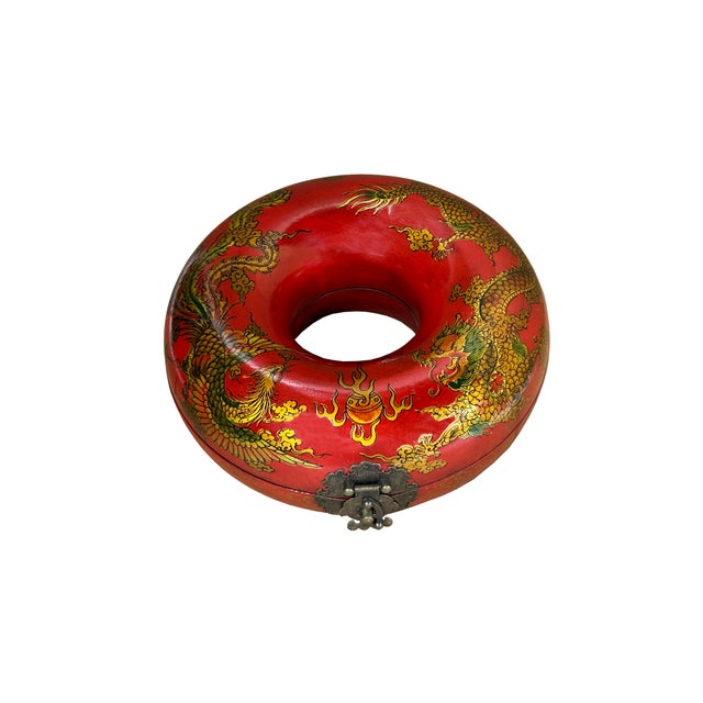 1990s Oriental Red Dragon Phoenix Graphic Donut Shape Container Box For Sale - Image 5 of 7