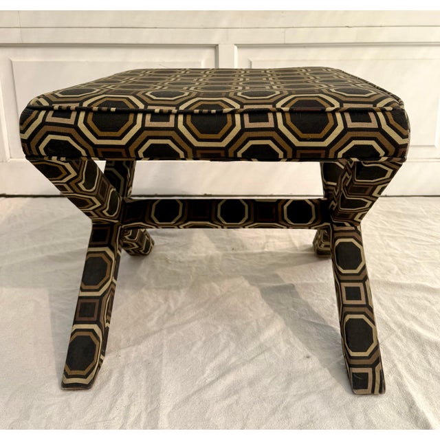 Late 20th C. Hollywood Regency X-Bench Stool With Geometric Upholstery For Sale - Image 11 of 12