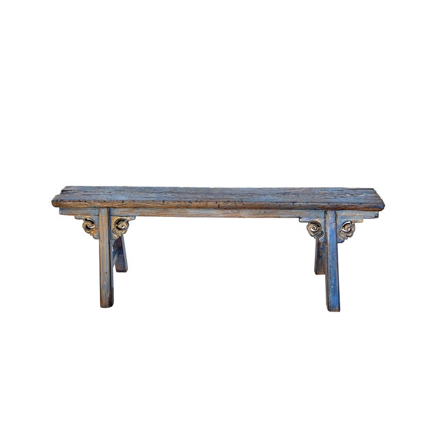 Wood Distressed Brown Light Blue Village Slim Narrow Scroll Apron Wood Bench For Sale - Image 7 of 7