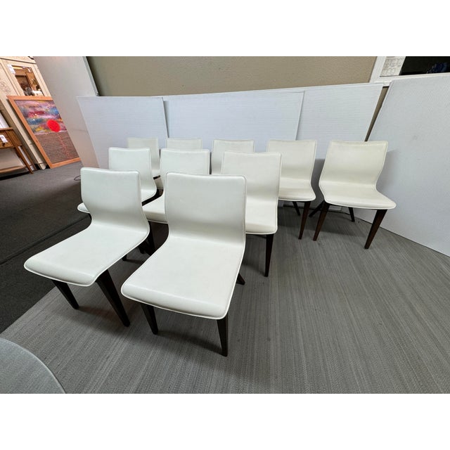 Ivory X-Back White Leather and Dark Walnut Wood Dining Side Chairs, Set of Ten For Sale - Image 8 of 12