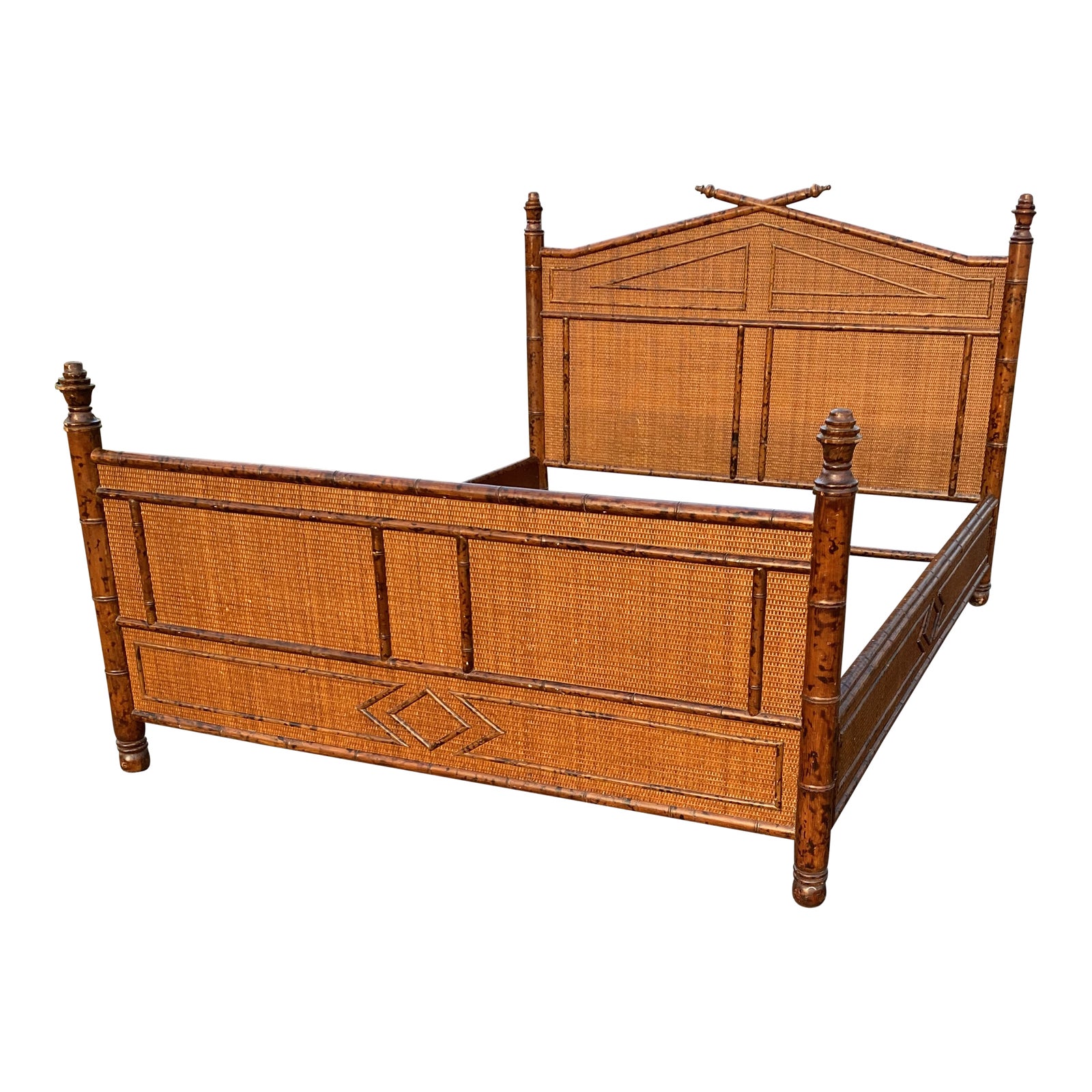 1980s British Colonial Style Vintage Faux Bamboo Queen Size Bed Frame