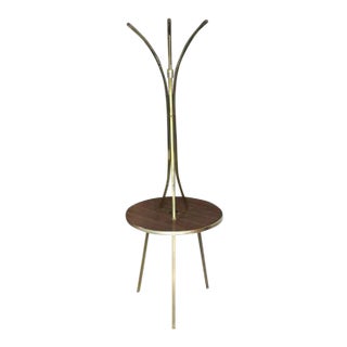 Vintage Mid Century Brass Tri Leg Tripod Base Round Side Table Floor Lamp For Sale