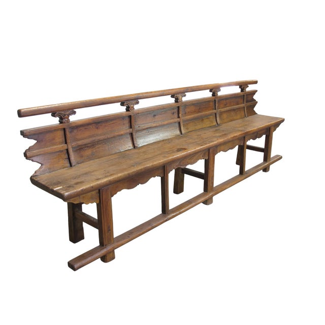 Antique 111" Elm Wood Bench With Tiered Backrest For Sale - Image 4 of 13