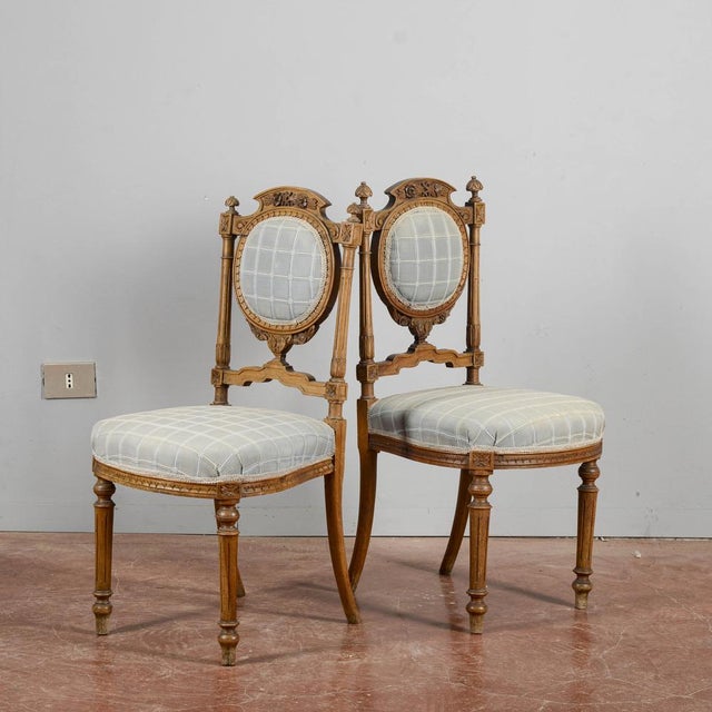 Antique Walnut Chairs with Blue Fabric, 1800s, Set of 2 For Sale - Image 4 of 9