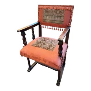 Antique Upholstered Continental Walnut Sled Base Arm Chair W/ Embroidery Panels