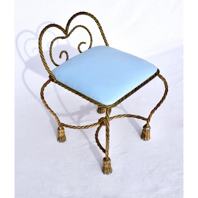Mid-Century Modern Hollywood Regency Gilt Iron Rope and Tassel Bench Stool. Italy, 1950's For Sale - Image 3 of 10