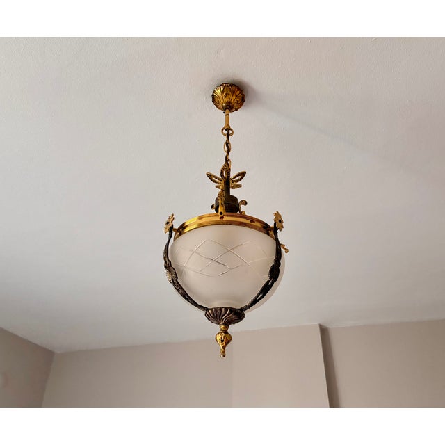 1960s French Brass & Etched Glass Bowl Pendant Light - Restored For Sale - Image 11 of 18