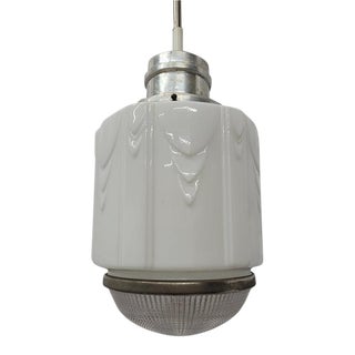 1930s Art Deco Skyscraper Ceiling Light Milk Glass and Holophane Dual Globe For Sale