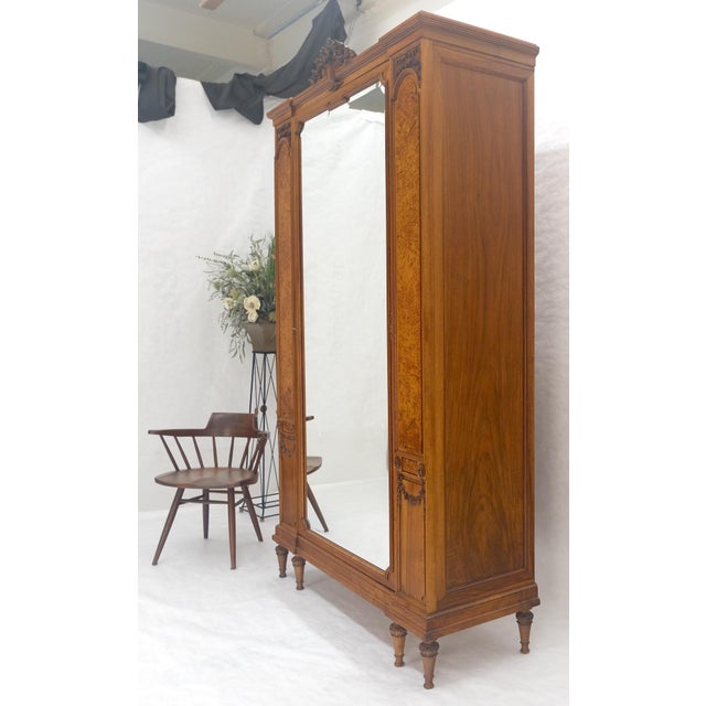French Mint Fine French Carved Burl Satin Wood Beveled Mirror Door Armoire Wardrobe For Sale - Image 3 of 15