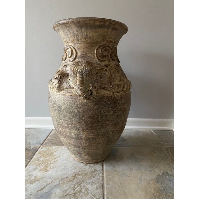 Thailand Ban Chiang vintage earth ware terracotta elephant floor vase, Bali Grand Millennial Home Decor From 1970. It is a...