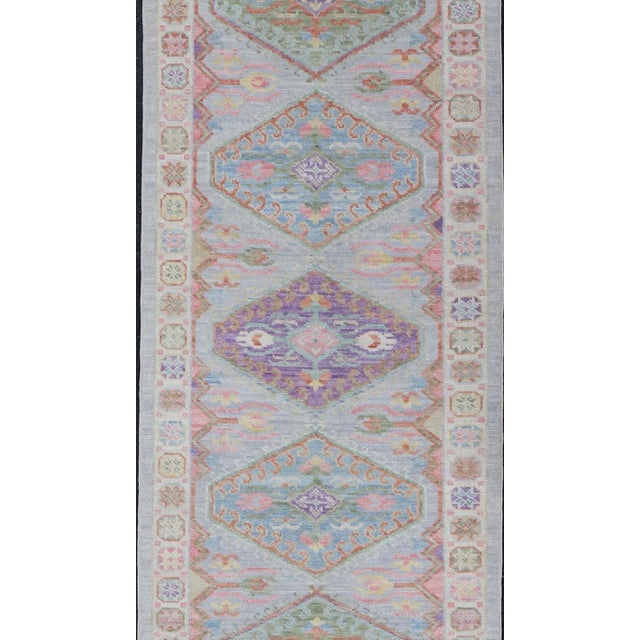 Gray Colorful Modern Oushak Runner With Diamond Medallions and Multi-Tier Border For Sale - Image 8 of 12
