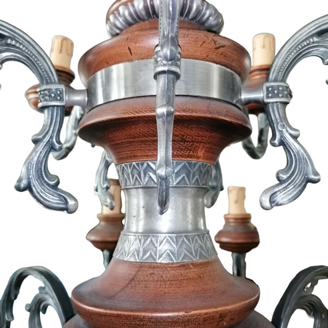 Baroque Style 15-Light Chandelier in Metal and Wood, 1950s For Sale - Image 6 of 9