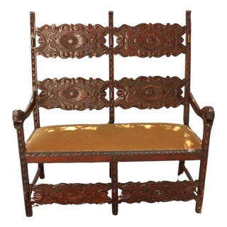 Antique Italian Carved Walnut Upholstered Bench, C. Late 1800s For Sale