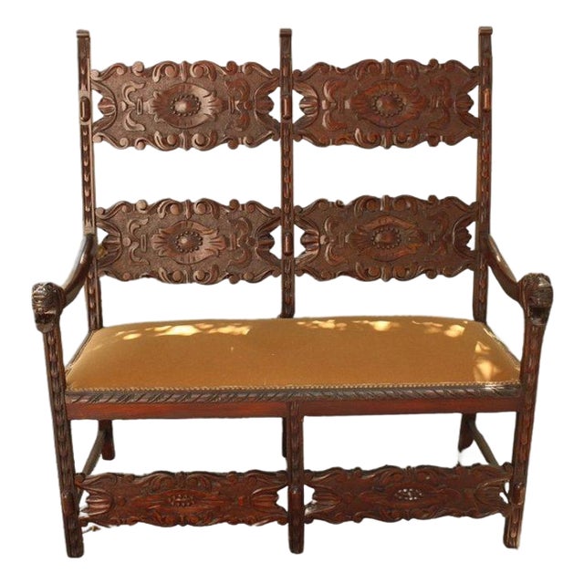 Antique Italian Carved Walnut Upholstered Bench, C. Late 1800s For Sale