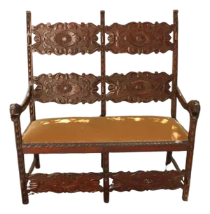 Antique Italian Carved Walnut Upholstered Bench, C. Late 1800s