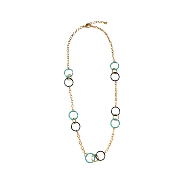 18k Yellow Gold Black Onyx & Turquoise Circle Pendant Necklace, Italy For Sale - Image 4 of 8