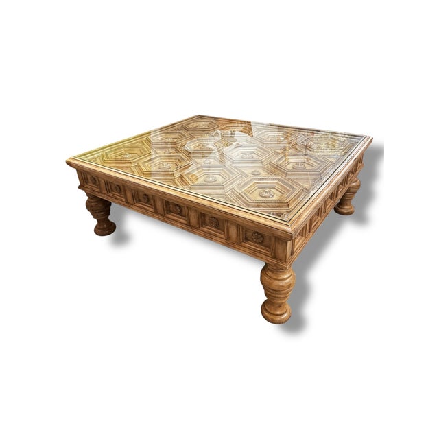 Art Deco 1990s Attributed to Bernhardt Traditional Brown Wood Geometric Carved Coffee Table For Sale - Image 3 of 4