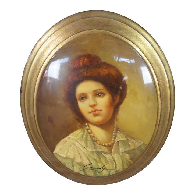 Mid 20th Century Lacquered Oval Oil Portrait Painting Young Redhead Girl With Pearls 13" For Sale