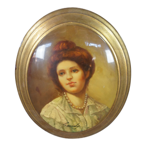 Mid 20th Century Lacquered Oval Oil Portrait Painting Young Redhead Girl With Pearls 13"