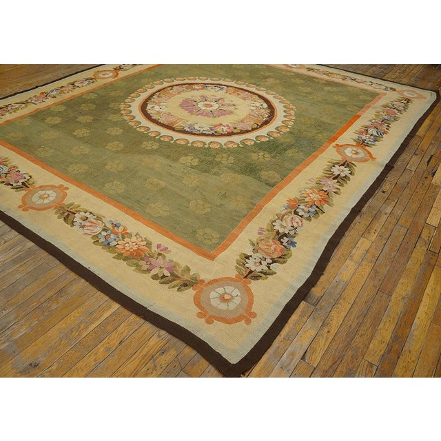 French 1820s Green Floral Medallion Flat Weave Antique French Aubusson Rug 8' 8" X 12' 6" Wool Carpet For Sale - Image 3 of 11