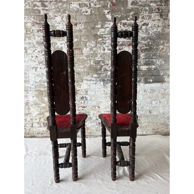 Vintage Spanish Revival Prayer Chairs With Red Velvet Upholstery – Pair For Sale - Image 4 of 18