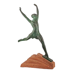 'Olimpia': Art Déco French Spelter Sculpture With Stone Base by Pierre Le Faguays (Fayral) for Max Le Verrier