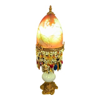Art Glass & Crystal Table Lamp – Ornate Brass Accent Lamp With Hanging Crystals For Sale