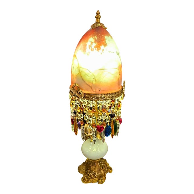 Art Glass & Crystal Table Lamp – Ornate Brass Accent Lamp With Hanging Crystals For Sale