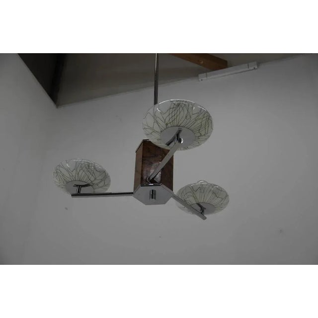 Art Deco Wood Chrome and Glass Chandelier, 1940s For Sale - Image 12 of 13