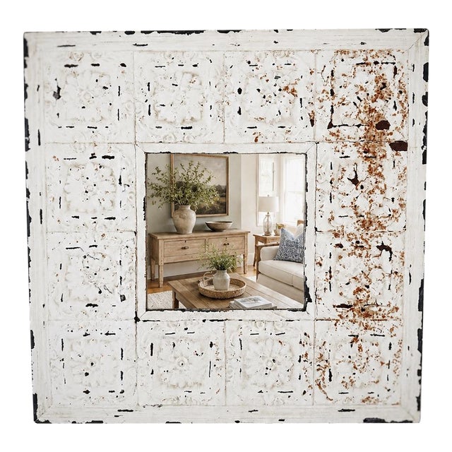 Distressed White Embossed Metal & Wood Wall Mirror | Rustic Farmhouse | French Country | 20.5" Square For Sale