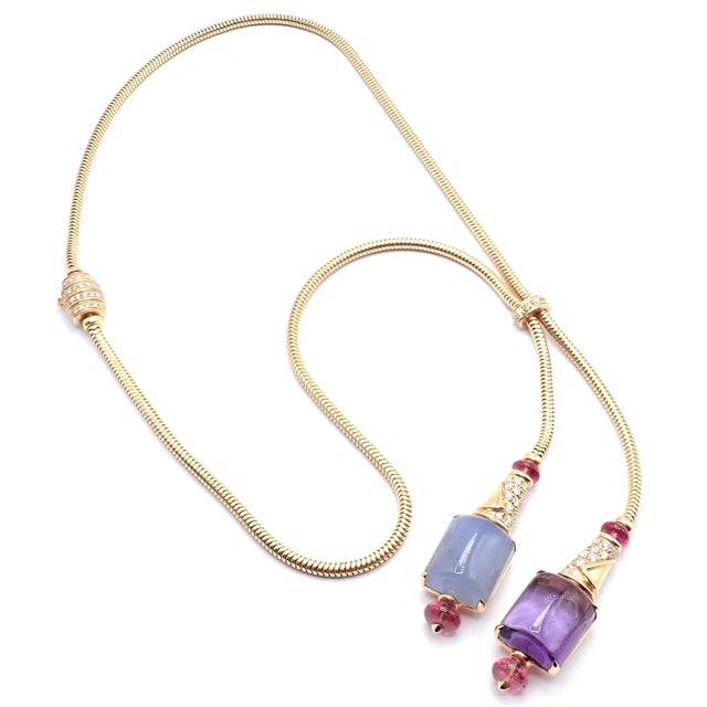 Bulgari 18k Rose Gold Amethyst Chalcedony Tourmaline Lariat Necklace Details: Metal: 18k Rose Gold Length: 16.5"/length...