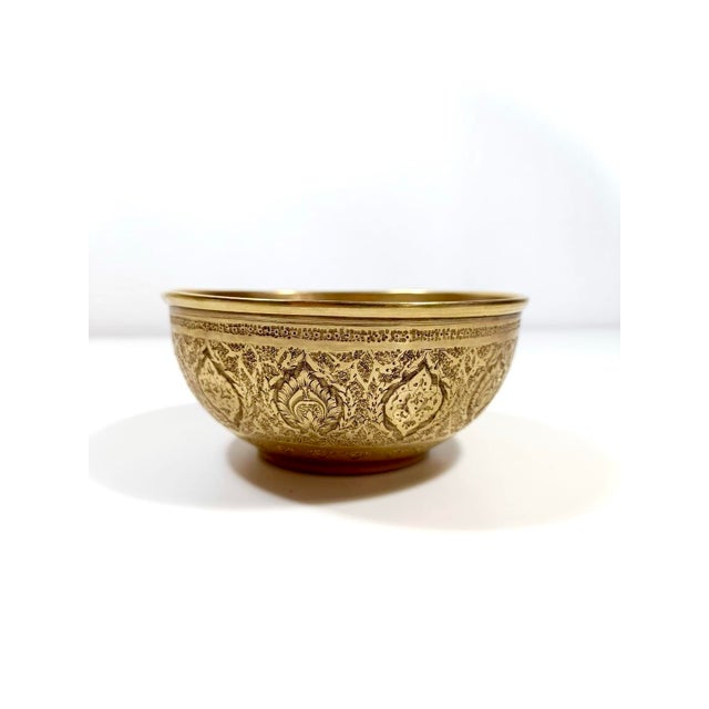Persian Antique Brass Bowl & Plate Set – Hand-Etched Islamic Floral Motifs For Sale - Image 3 of 6