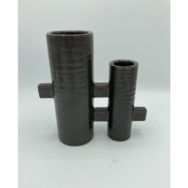 Mid 20th Century Vintage Double Cylinder Ceramic Japanese Ikebana Vase 7 1/4" Tall For Sale - Image 5 of 7