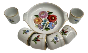 Vintage Hungarian Folk Art Kalocsa Hand-Painted Ashtray & Shot Glasses, 1970s, Set of 7