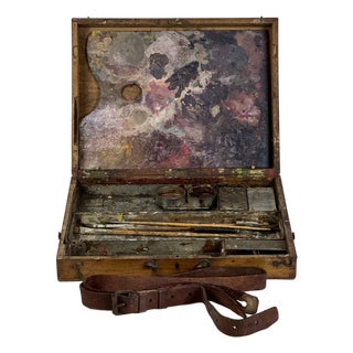 Vintage Wood Artist Portable Painting Box With Used Palette and Remnant Paint For Sale