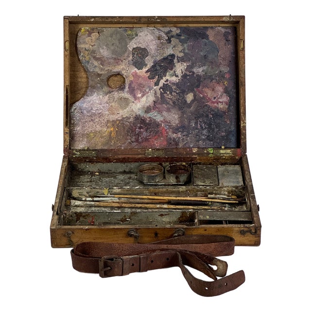 Vintage Wood Artist Portable Painting Box With Used Palette and Remnant Paint For Sale