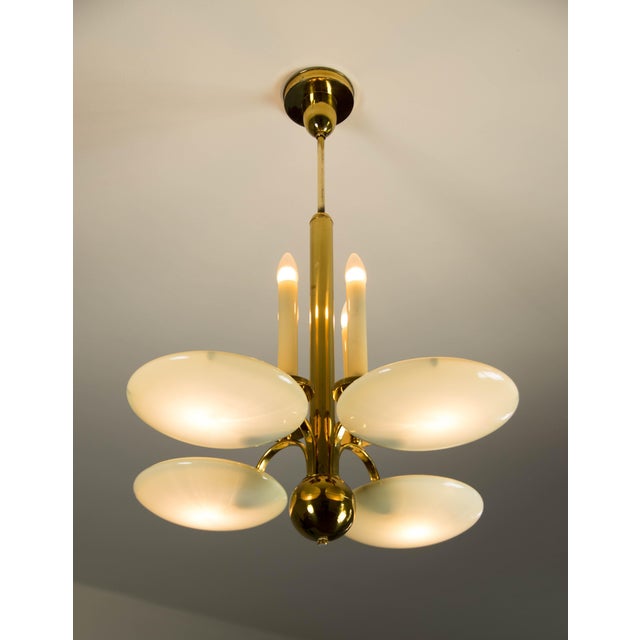 Ivory Art Deco Brass and Glass Chandelier, 1930s For Sale - Image 8 of 16