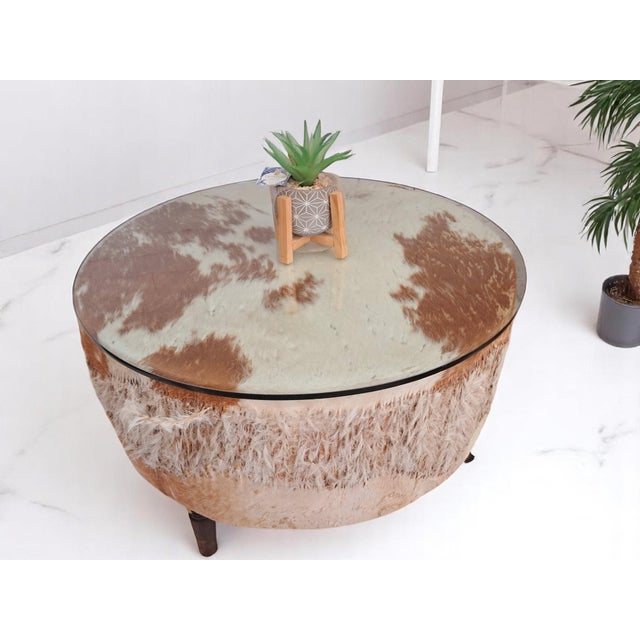 Vintage African Drum Coffee Table Cowhide Table Glass Top Large, 1960s For Sale - Image 13 of 17