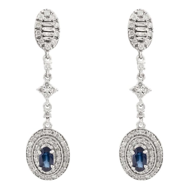 Vintage Oval Blue Sapphire & Diamond Halo Drop Earrings in 14k White Gold- A Pair For Sale