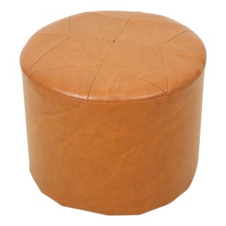 Vintage Round Pouf in Brown Skai and Leather Star Motif, 1960s For Sale