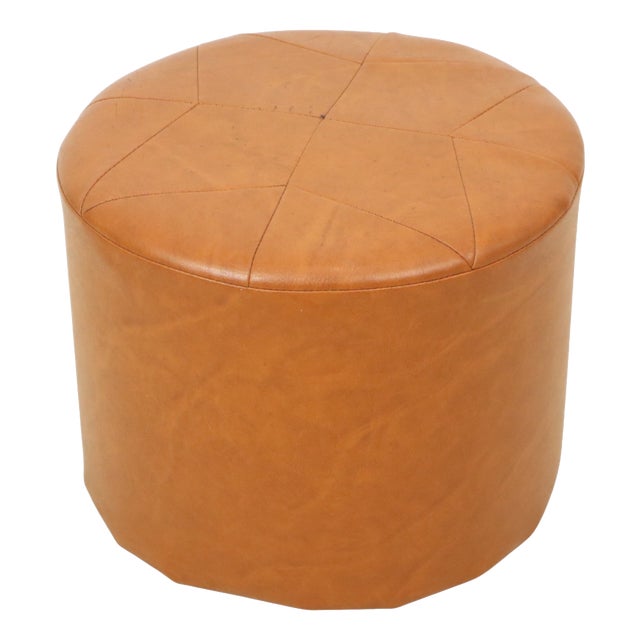 Vintage Round Pouf in Brown Skai and Leather Star Motif, 1960s For Sale