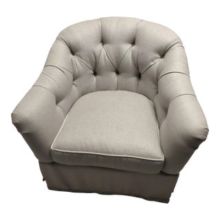 TCS Designs Custom Diamond-Tufted Swivel Barrel Chair With Passementerie Trim For Sale