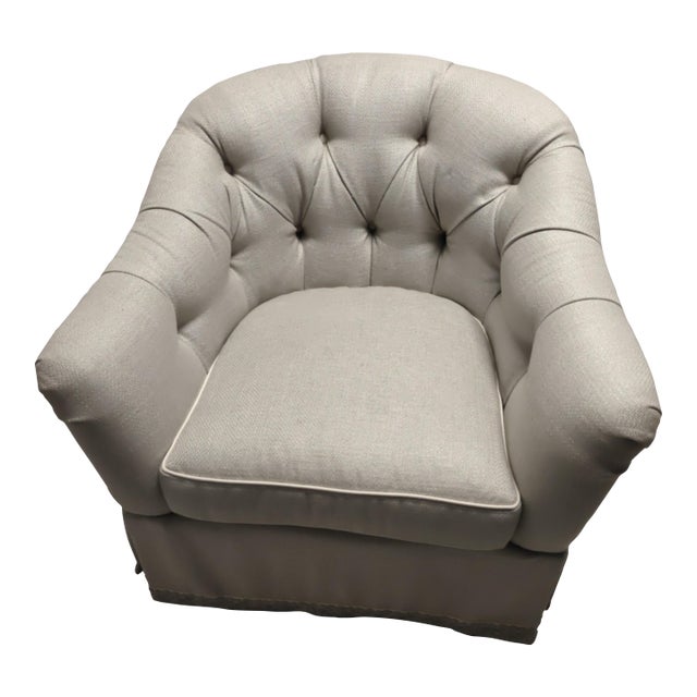TCS Designs Custom Diamond-Tufted Swivel Barrel Chair With Passementerie Trim For Sale