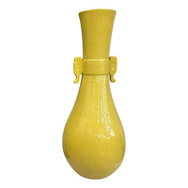 Large Lemon Yellow Crackle Glazed Ceramic Vase For Sale