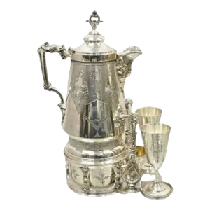 19th Century Racine Silver Plated Victorian Tilting Lemonade Water Pitcher on Stand With Goblets- 3 Pieces