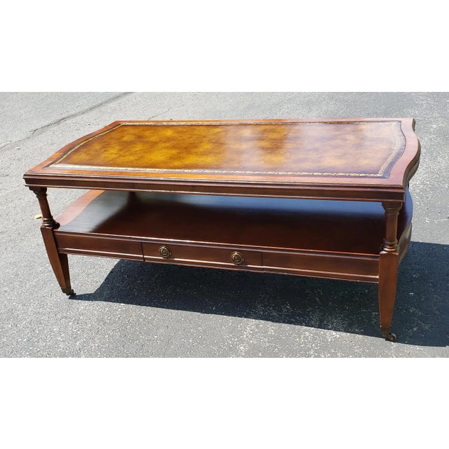 1958 Hollywood Regency Mahogany Tooled Leather Top and Gilt Stencil Coffee Table For Sale - Image 4 of 9