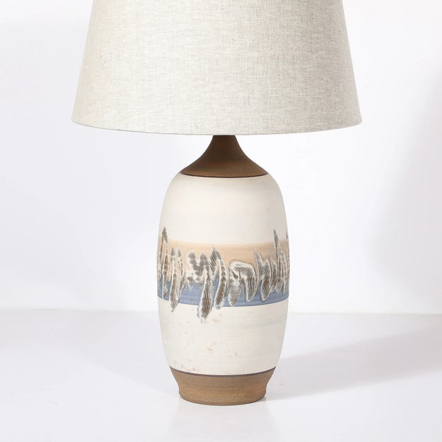 This artisan texturally exquisite Pair of Mid-Century Modernist Off White Ceramic Table Lamps W/ Banded Detailing...