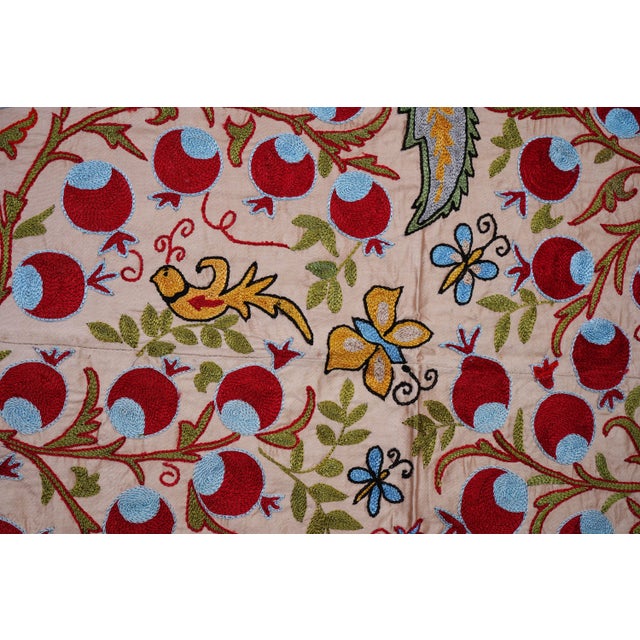 Beige Uzbek Suzani Textile – Silk Blend Red Pomegranate & Bird Motif Wall Art 3'4'' X 6'1'' For Sale - Image 14 of 15