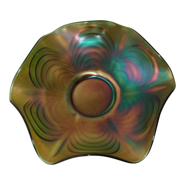 Fenton Cut Arcs Green Carnival Glass Bowl For Sale