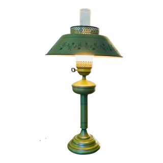 1900s Avocado Tole Table Lamp With Glass Chimney For Sale